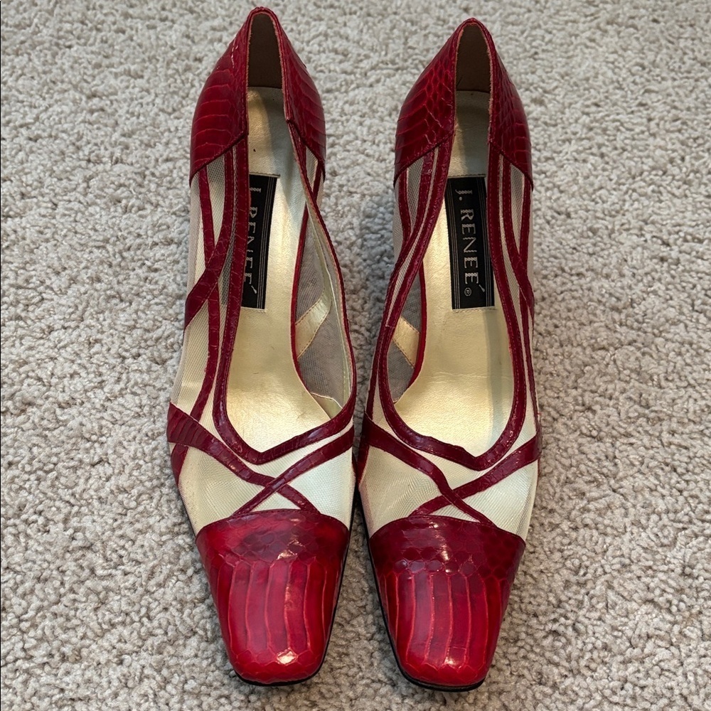 J. Renee Vintage Red Croc-Embossed Heels With Sheer Panel - Picture 3 of 7